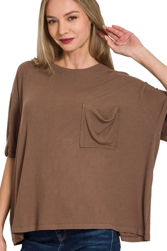 Zenana Oversized Ribbed Round Neck Short Sleeve Tee - Trendibles