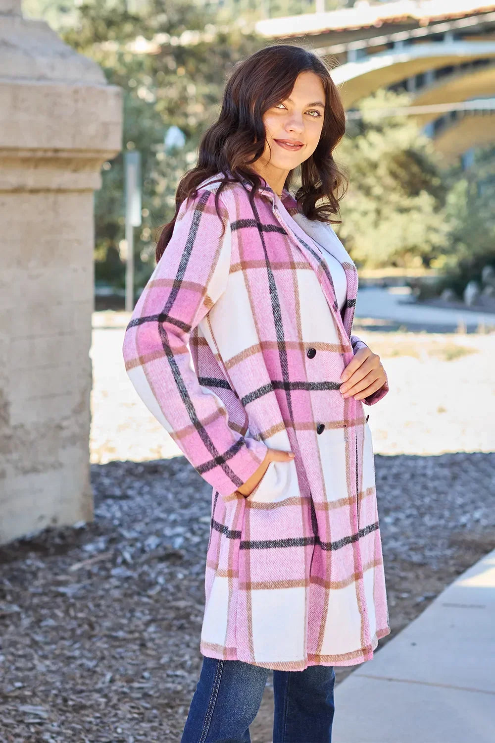 Double Take Full Size Plaid Button Up Lapel Collar Coat - Trendibles