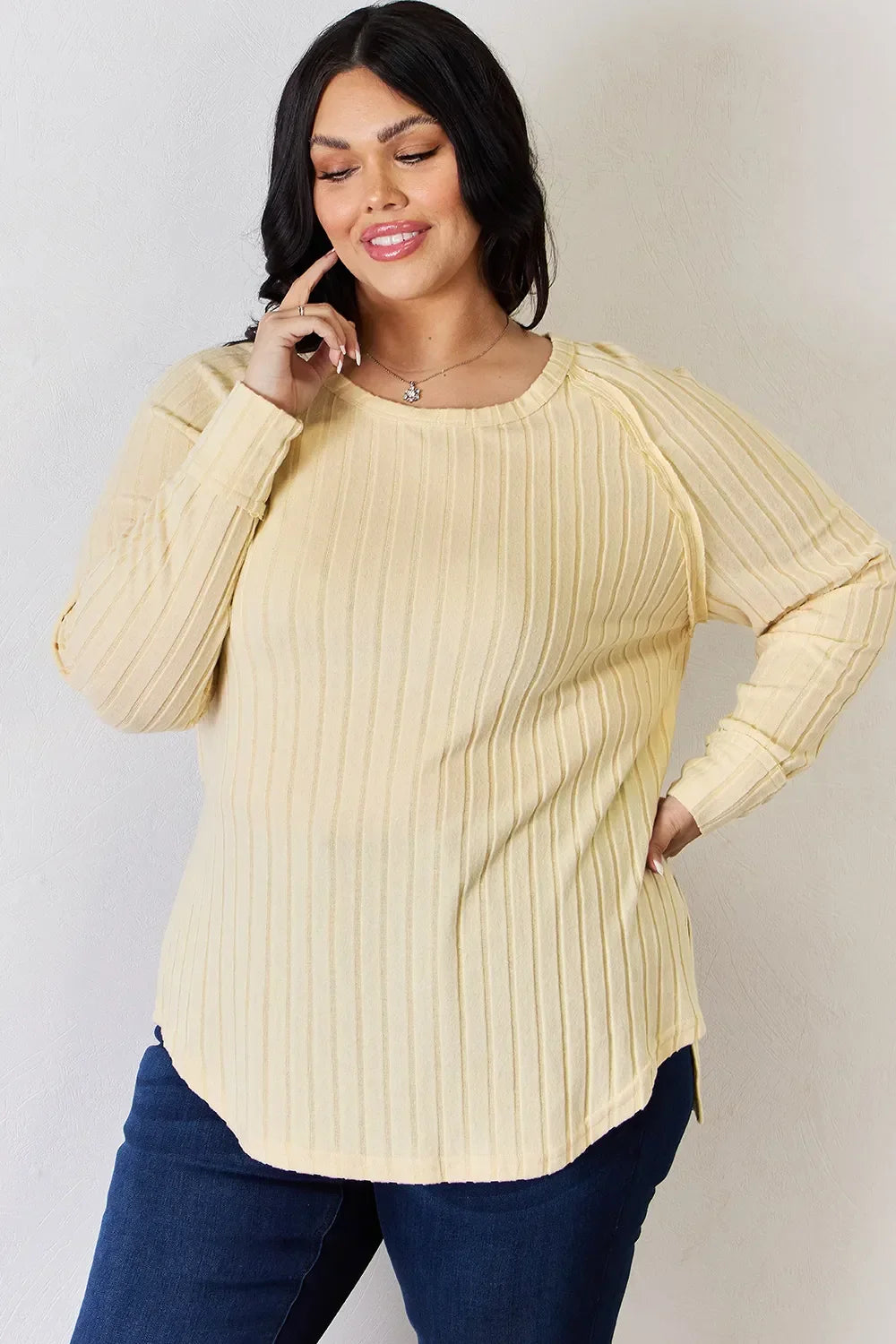 Basic Bae Full Size Ribbed Round Neck Slit T-Shirt - Trendibles