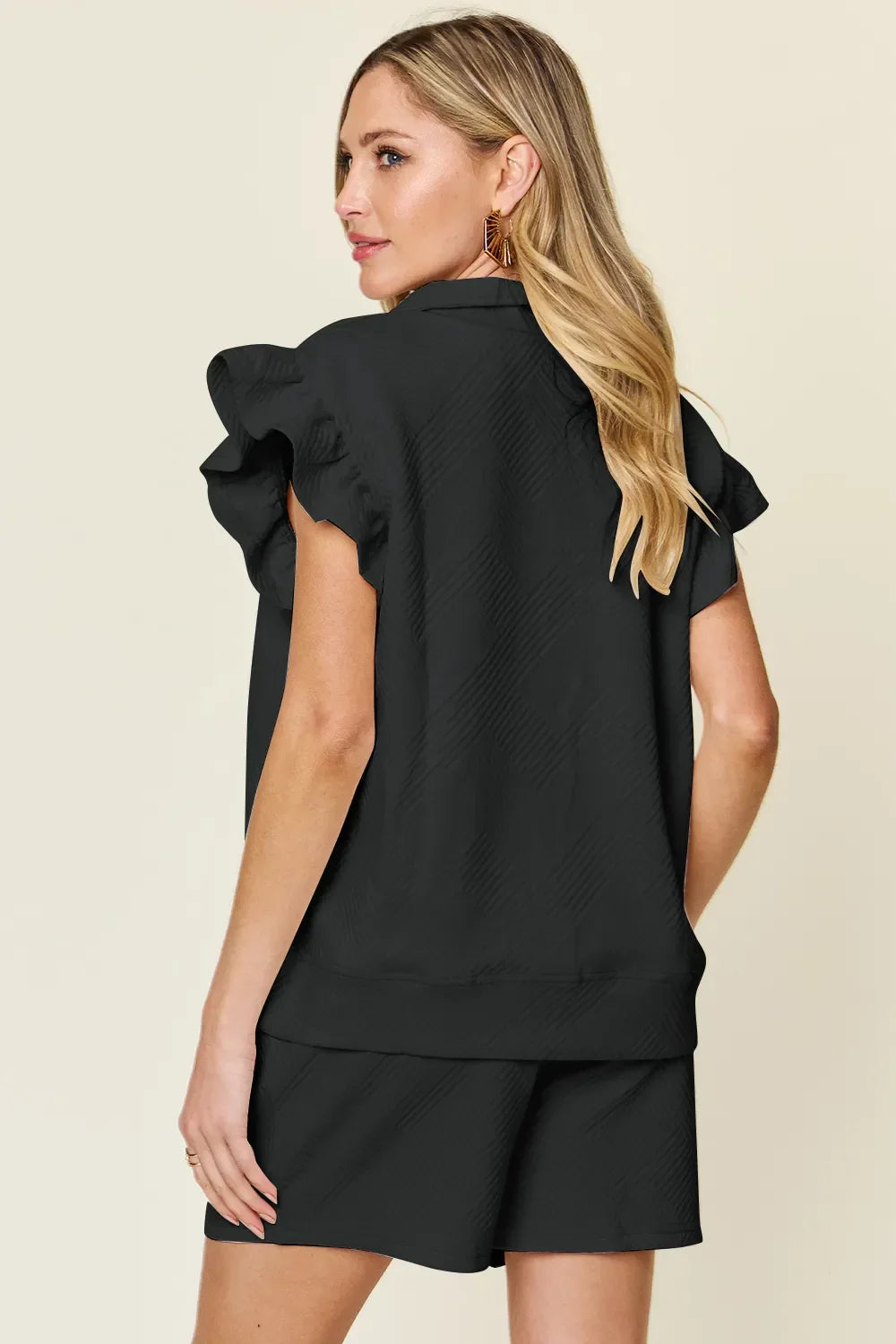 Double Take Full Size Texture Flounce Sleeve Top and Drawstring Shorts Set - Trendibles