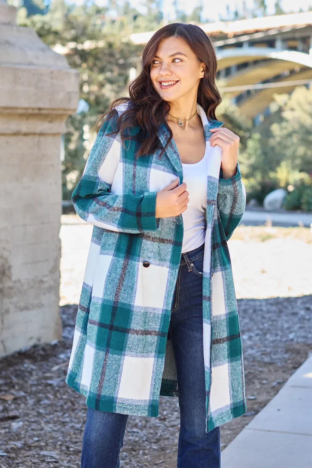 Double Take Full Size Plaid Button Up Lapel Collar Coat - Trendibles