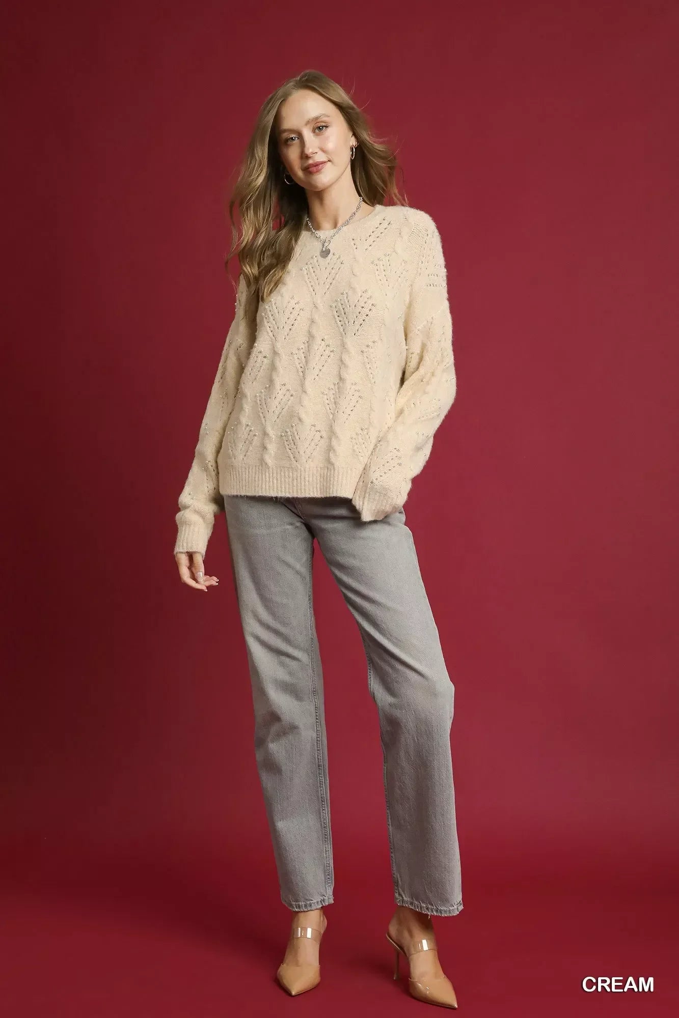 Umgee Pearl-Embellished Long Sleeve Sweater - Trendibles