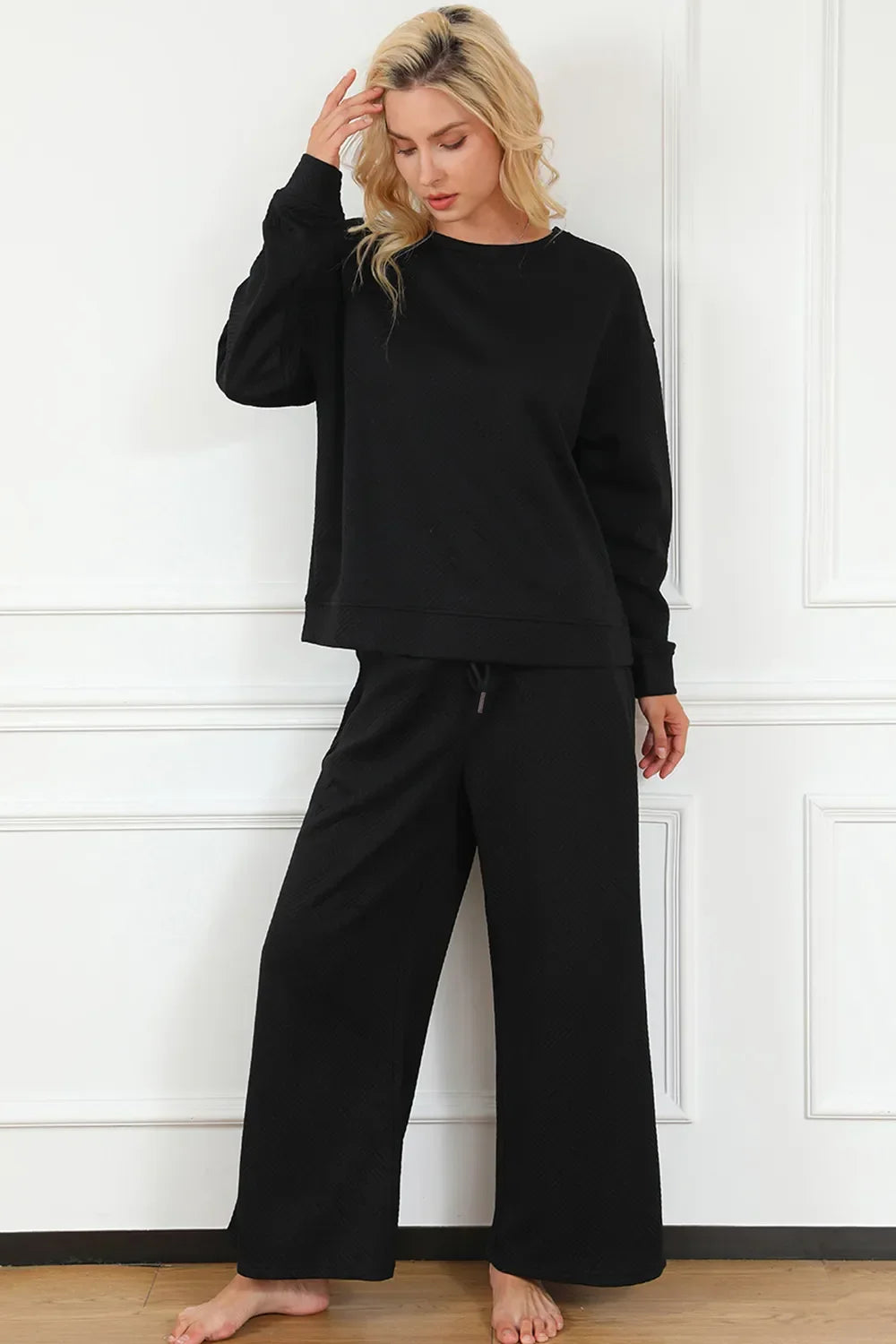 Double Take Full Size Textured Long Sleeve Top and Drawstring Pants Set - Trendibles