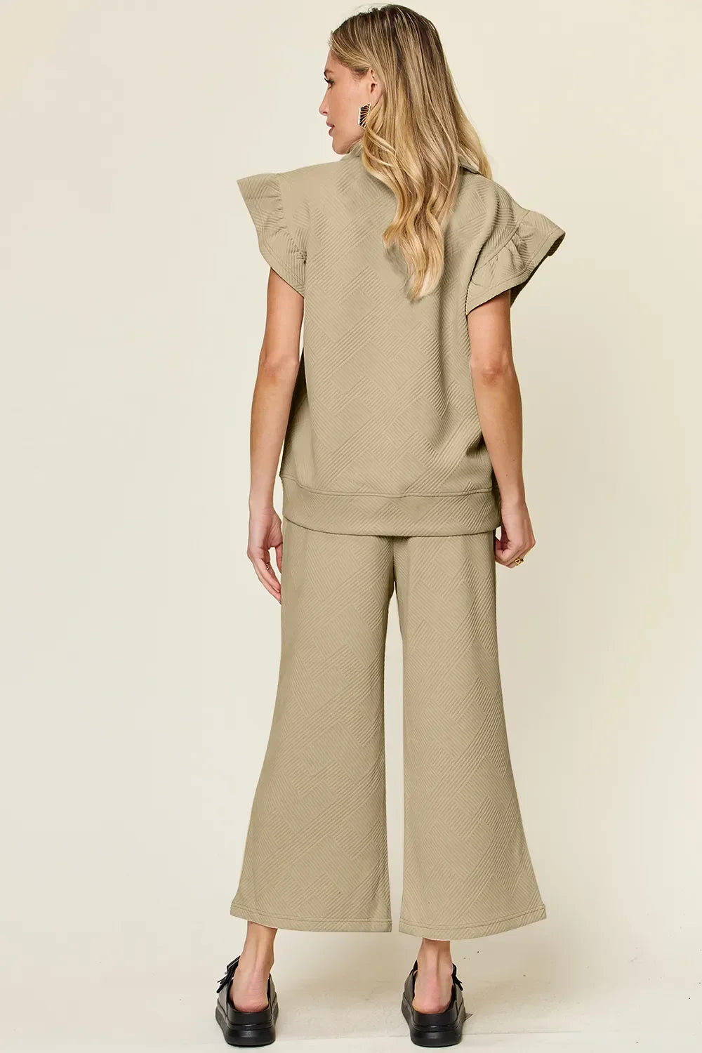 Double Take Texture Ruffle Short Sleeve Top and Drawstring Wide Leg Pants Set - Trendibles
