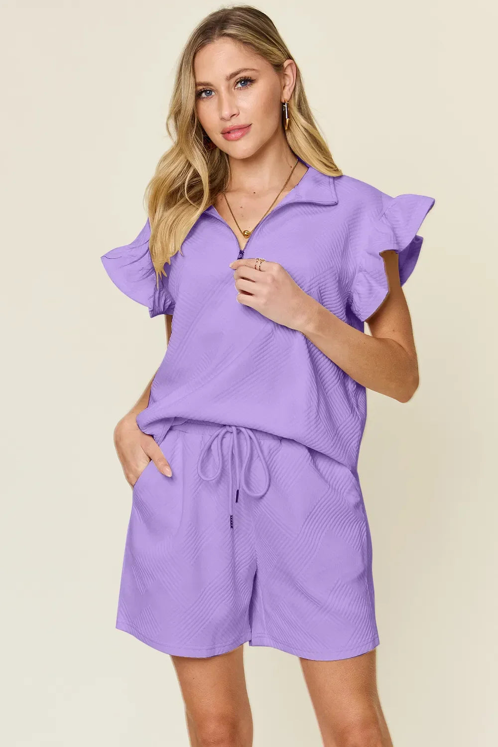 Double Take Full Size Texture Flounce Sleeve Top and Drawstring Shorts Set - Trendibles