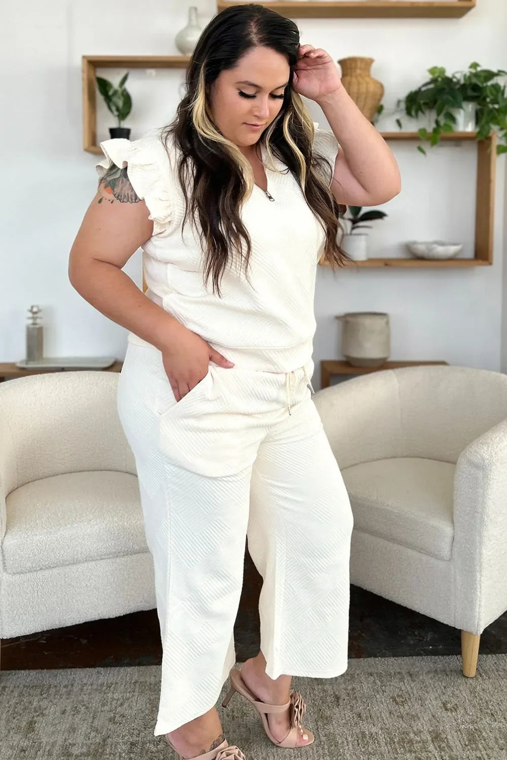 Double Take Texture Ruffle Short Sleeve Top and Drawstring Wide Leg Pants Set - Trendibles