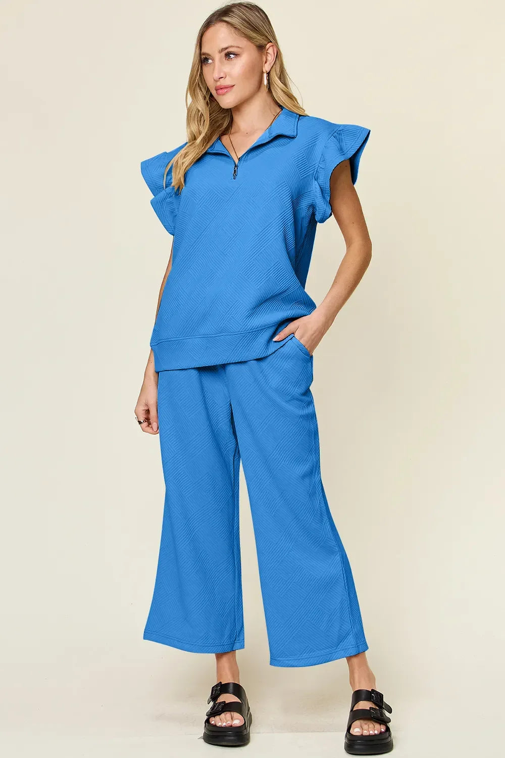 Double Take Texture Ruffle Short Sleeve Top and Drawstring Wide Leg Pants Set - Trendibles