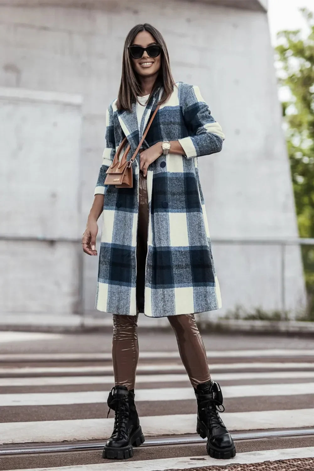 Double Take Full Size Plaid Button Up Lapel Collar Coat - Trendibles