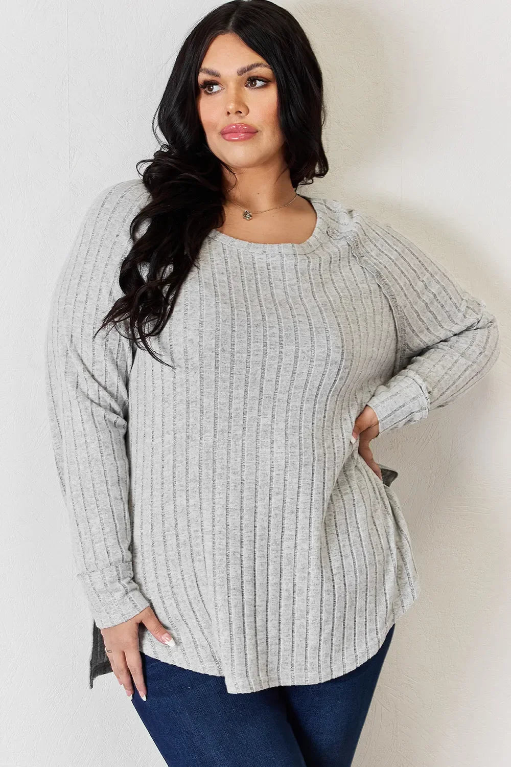 Basic Bae Full Size Ribbed Round Neck Slit T-Shirt - Trendibles
