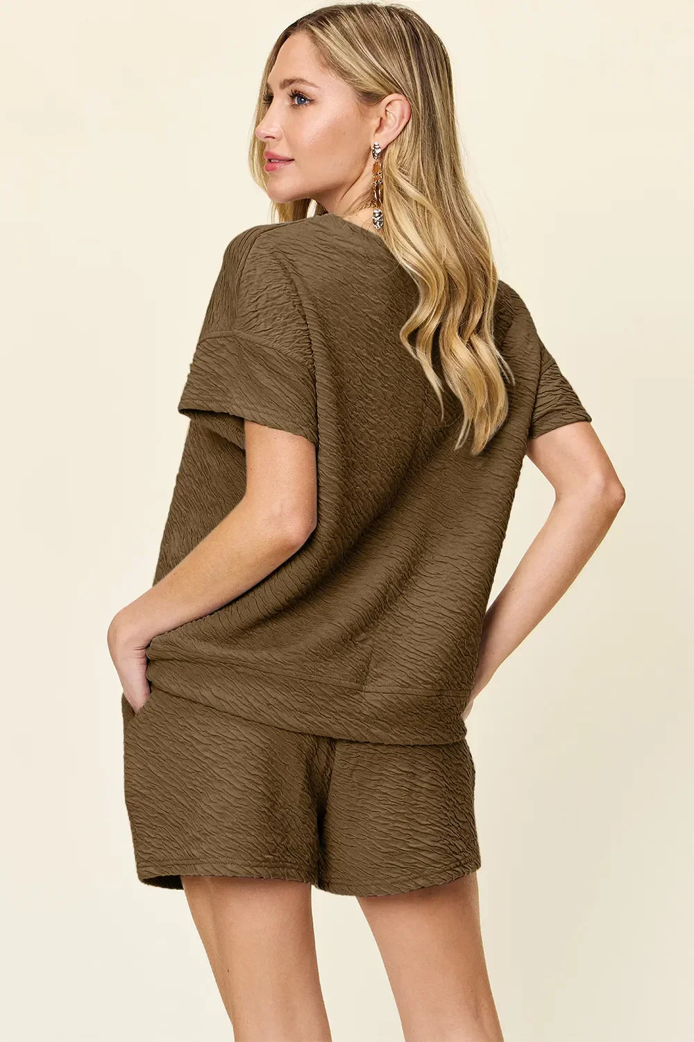 Double Take Full Size Texture Short Sleeve T-Shirt and Drawstring Shorts Set - Trendibles