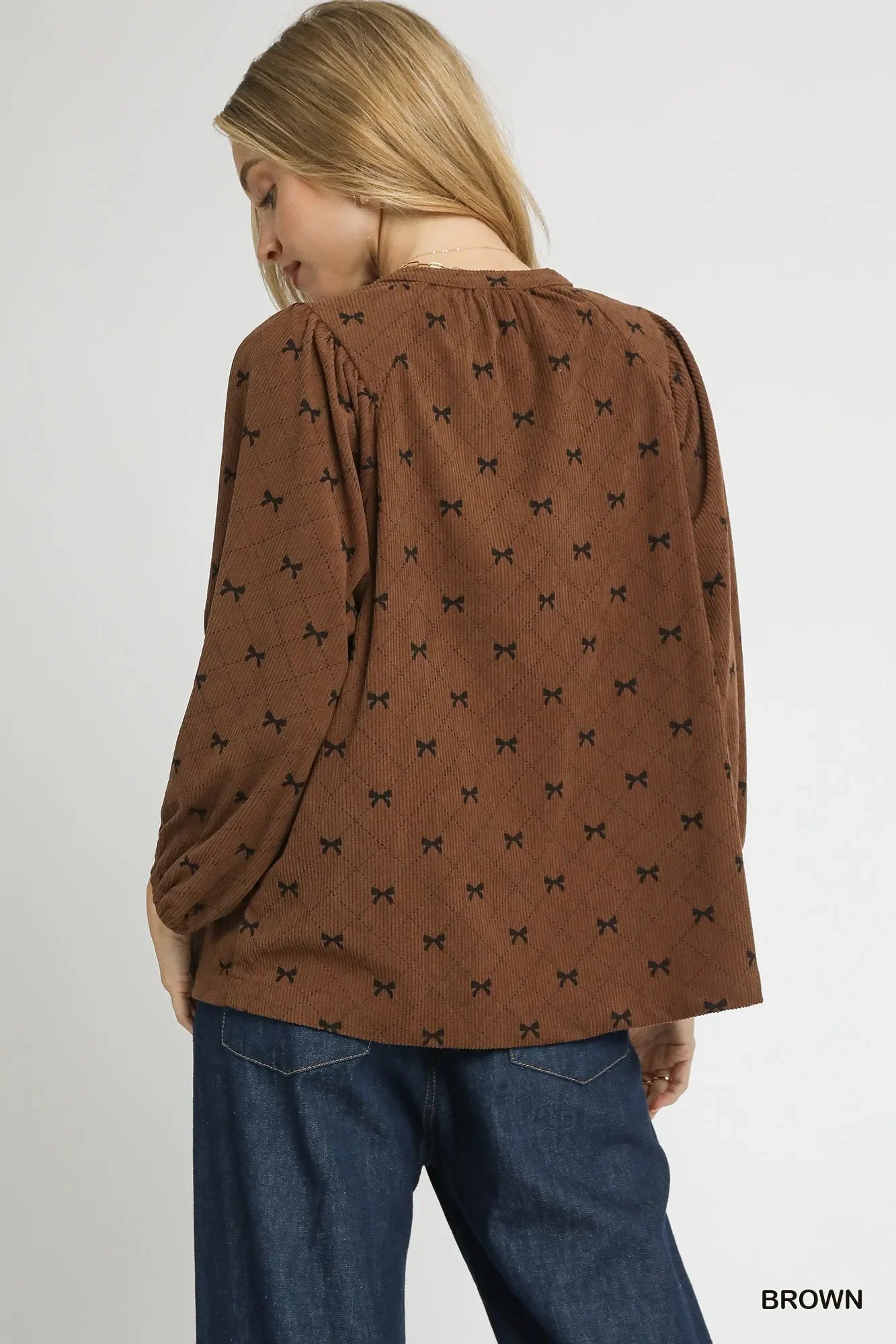 Umgee Corduroy Bow Print Balloon Sleeve Blouse - Trendibles