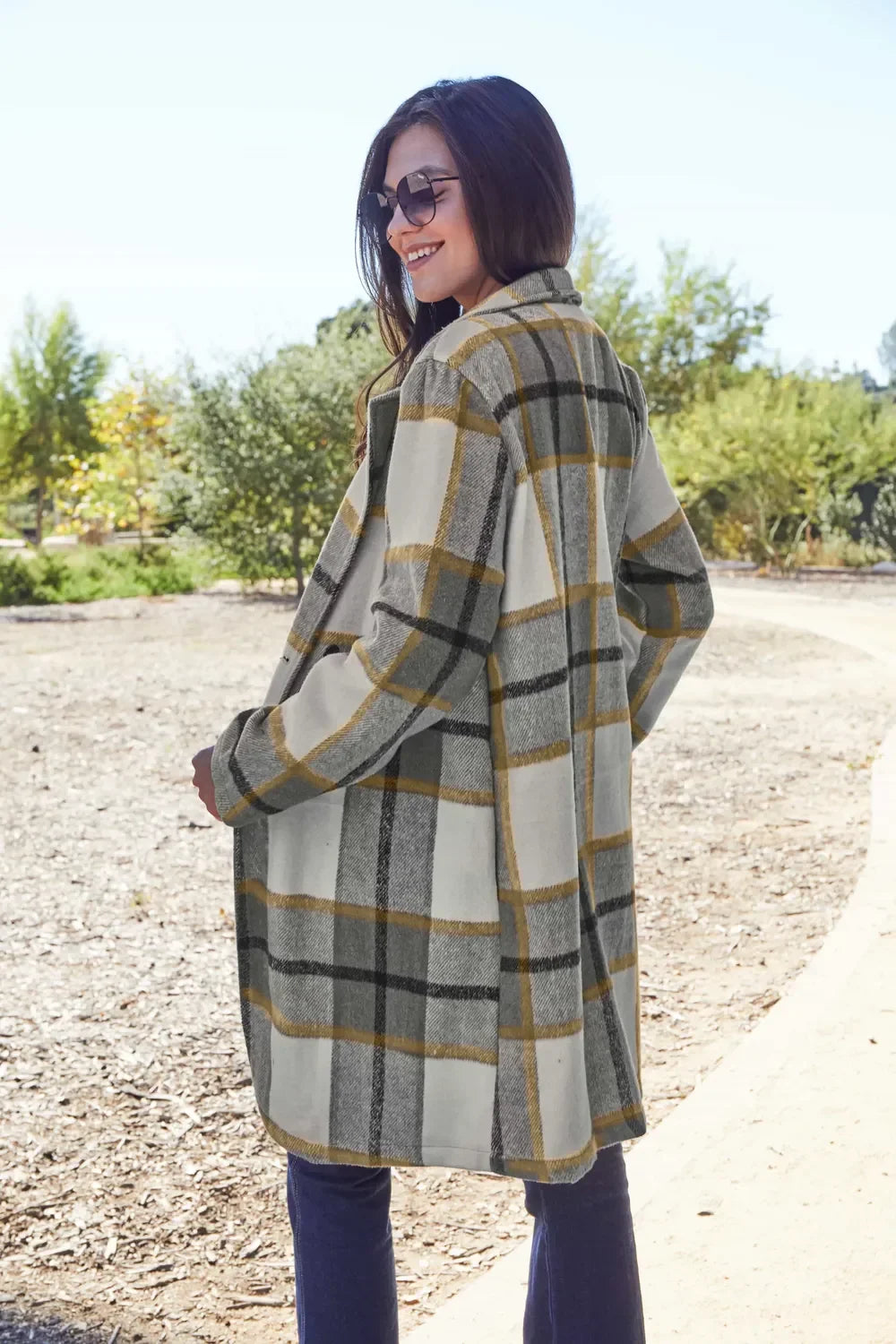 Double Take Full Size Plaid Button Up Lapel Collar Coat - Trendibles