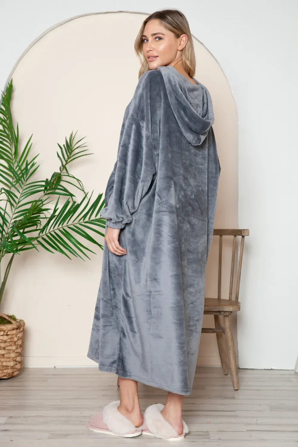 Double Take Full Size Pocketed Hooded Midi Lounge Dress - Trendibles