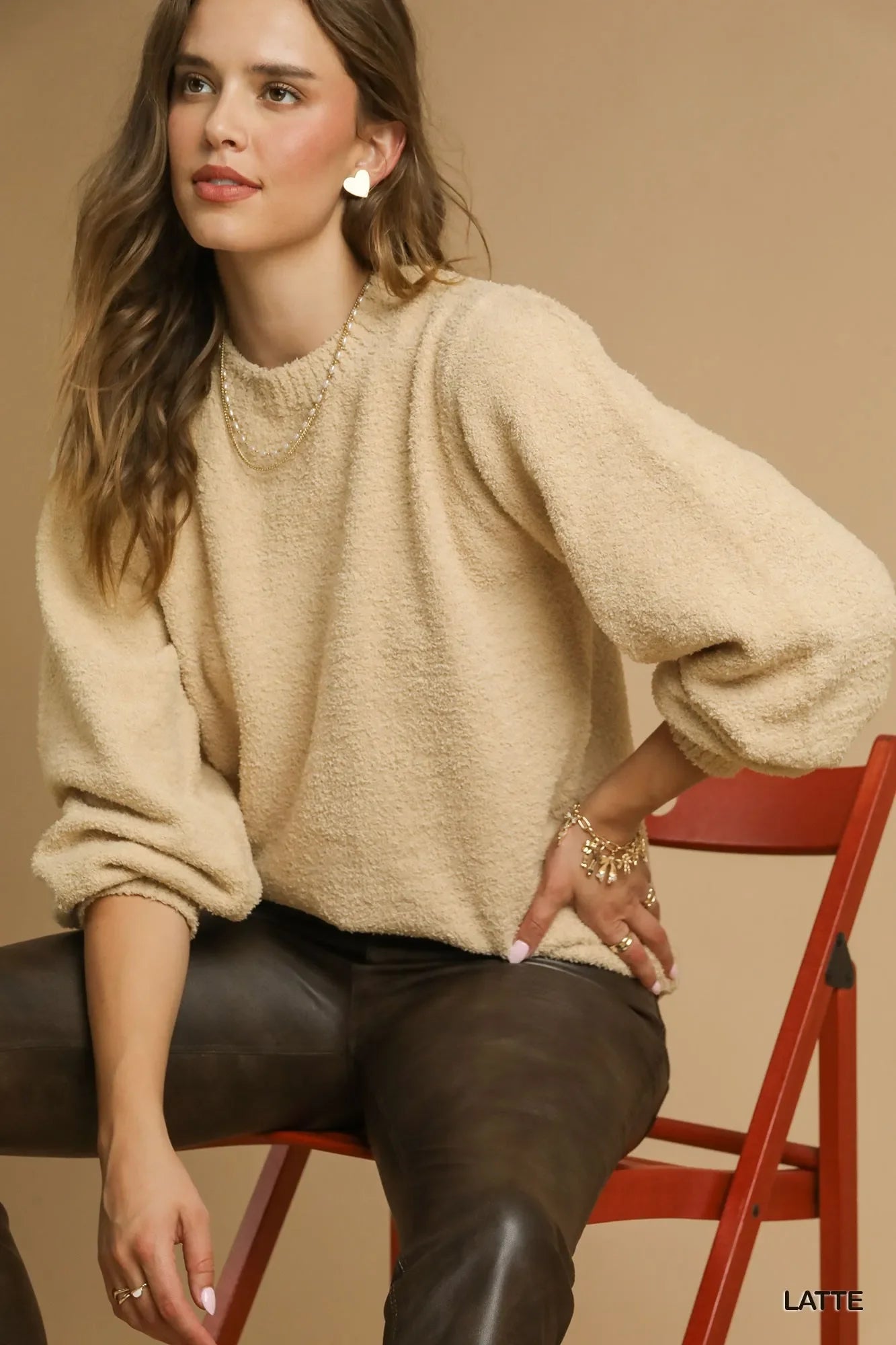 Umgee Textured Long Sleeve Sweater with Ribbed Trim - Trendibles