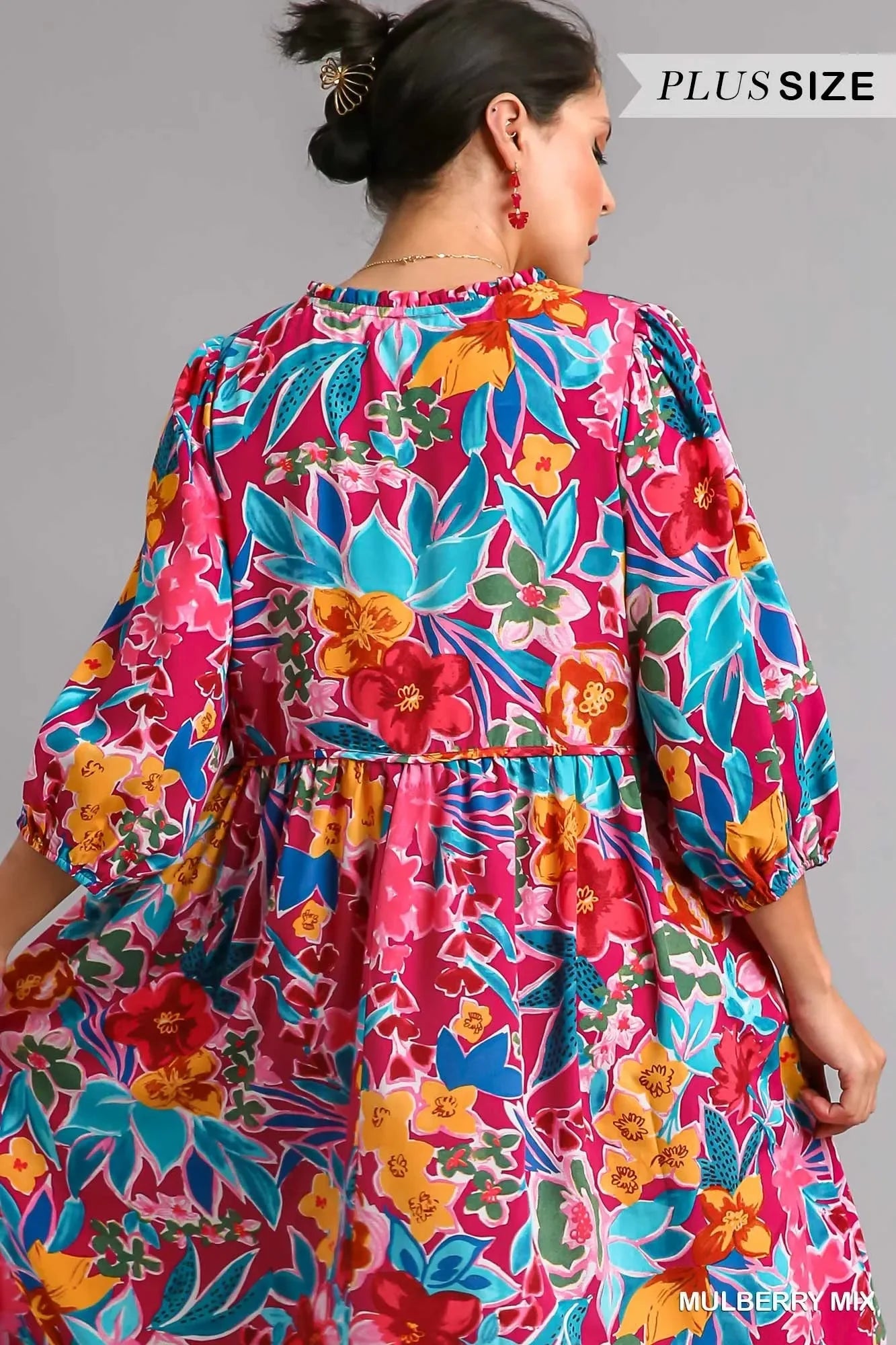 Umgee Full Size Floral Print Tie Neck Midi Dress with Pockets Plus Size - Trendibles
