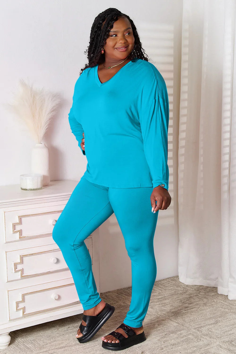 Basic Bae Full Size V-Neck Soft Rayon Long Sleeve Top and Pants Lounge Set - Trendibles