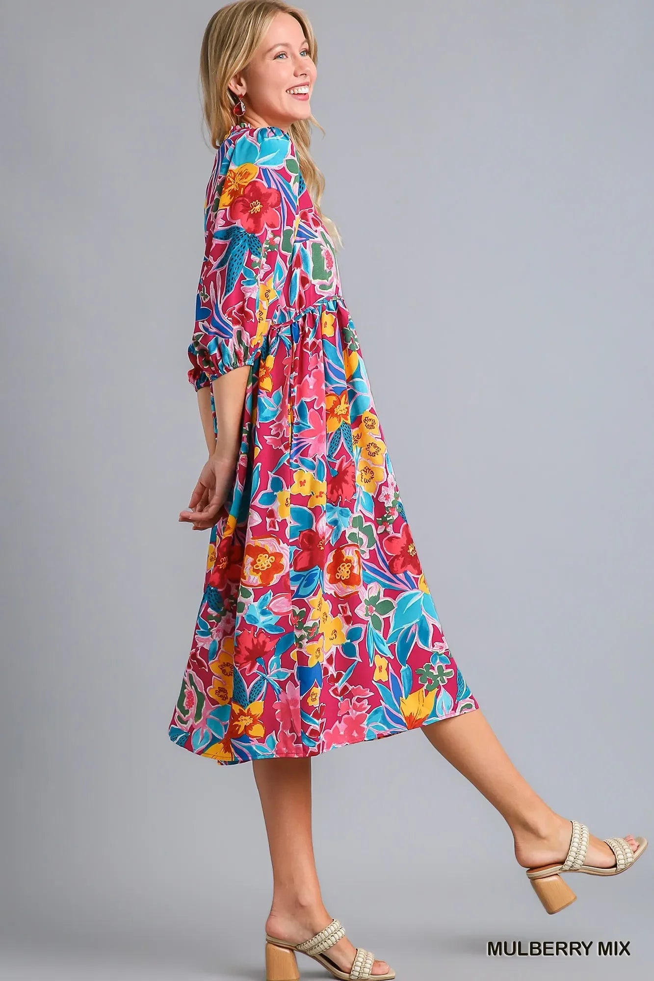 Umgee Full Size Floral Print Tie Neck Midi Dress with Pockets Plus Size - Trendibles