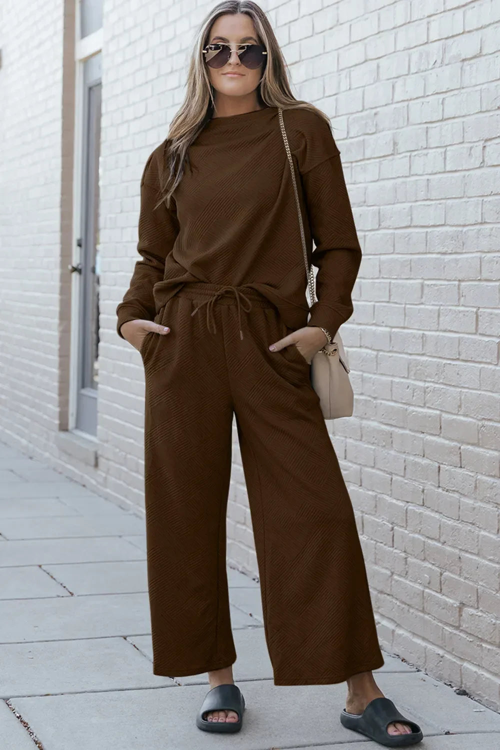 Double Take Full Size Textured Long Sleeve Top and Drawstring Pants Set - Trendibles