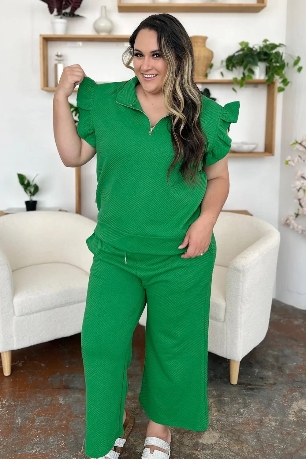 Double Take Texture Ruffle Short Sleeve Top and Drawstring Wide Leg Pants Set - Trendibles