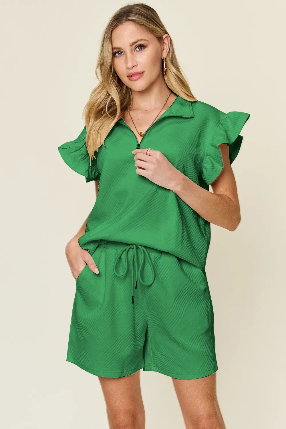 Double Take Full Size Texture Flounce Sleeve Top and Drawstring Shorts Set - Trendibles