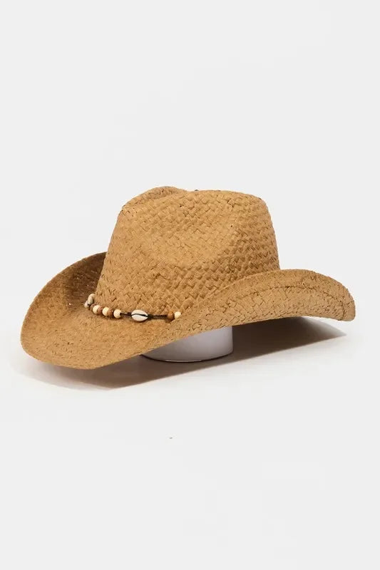 Fame Beaded Cowrie Shell Straw Weave Western Cowboy Hat - Trendibles