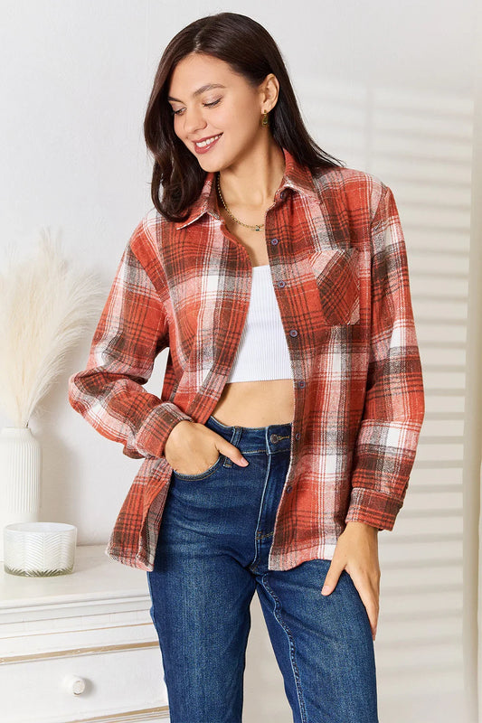 Plaid Collared Neck Long Sleeve Shirt - Trendibles