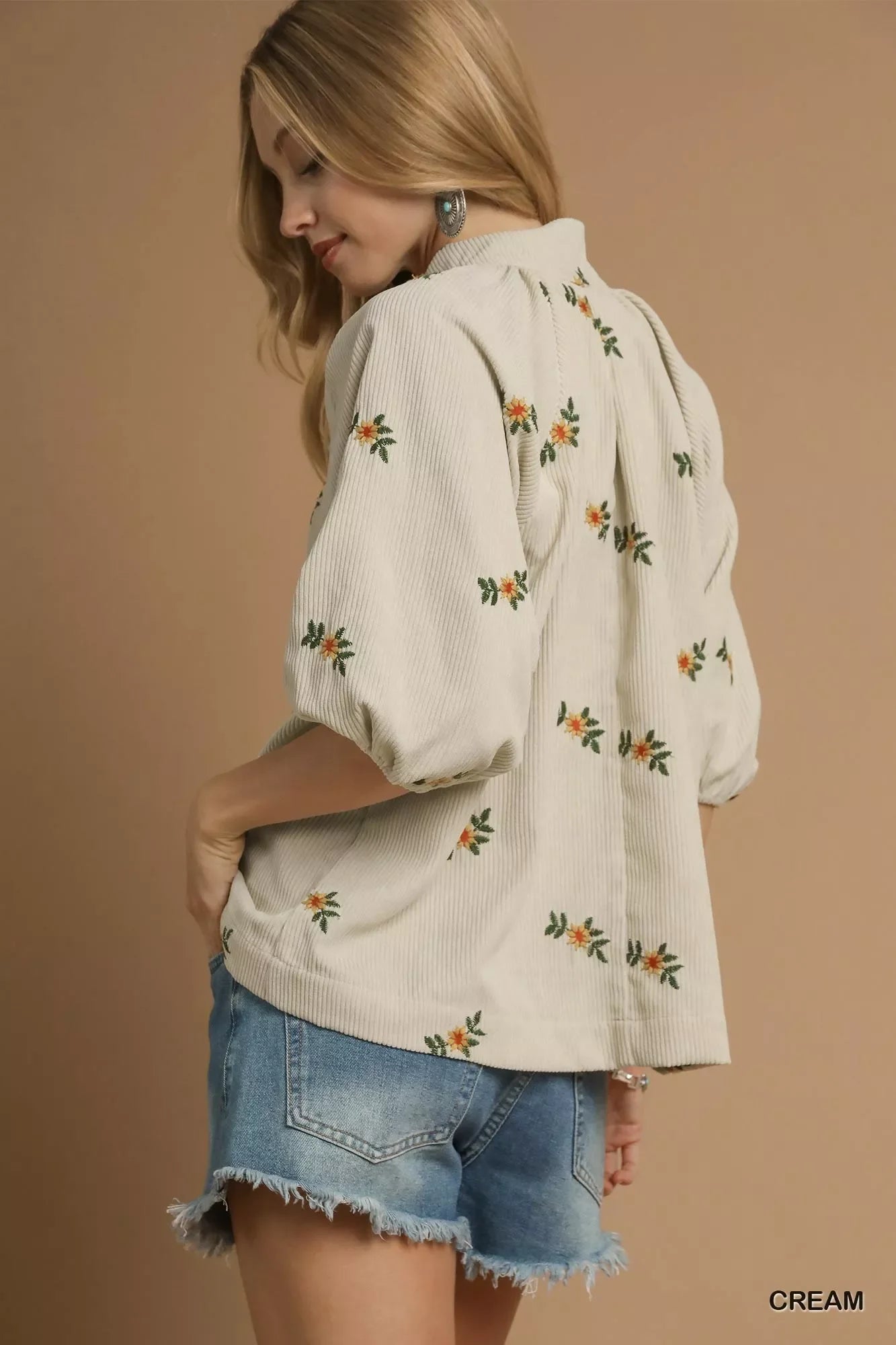Umgee Corduroy Floral Embroidered Puff Sleeve Blouse - Trendibles