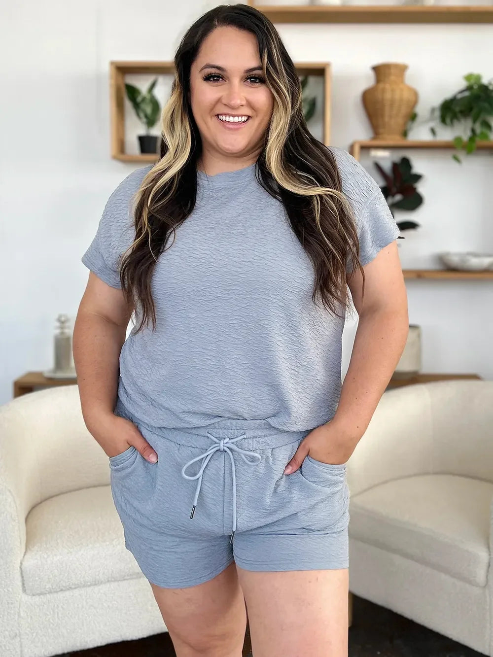 Double Take Full Size Texture Short Sleeve T-Shirt and Drawstring Shorts Set - Trendibles