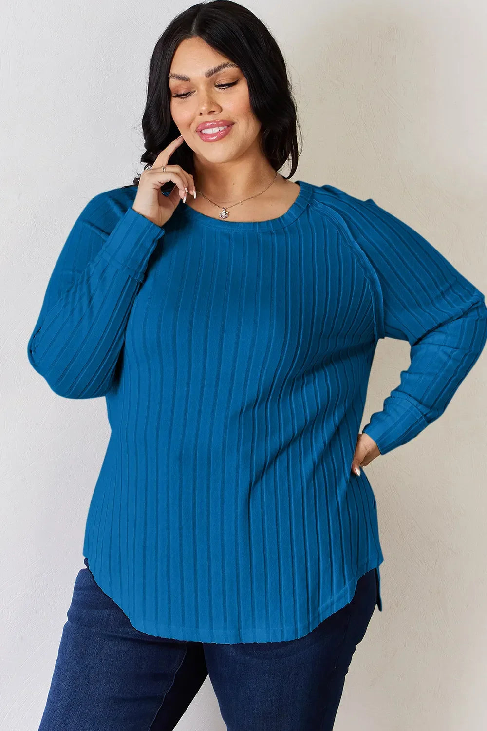 Basic Bae Full Size Ribbed Round Neck Slit T-Shirt - Trendibles