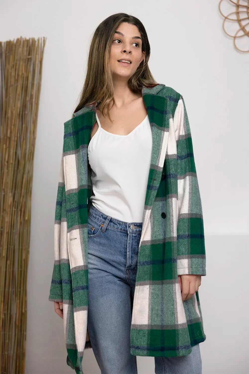 Double Take Full Size Plaid Button Up Lapel Collar Coat - Trendibles