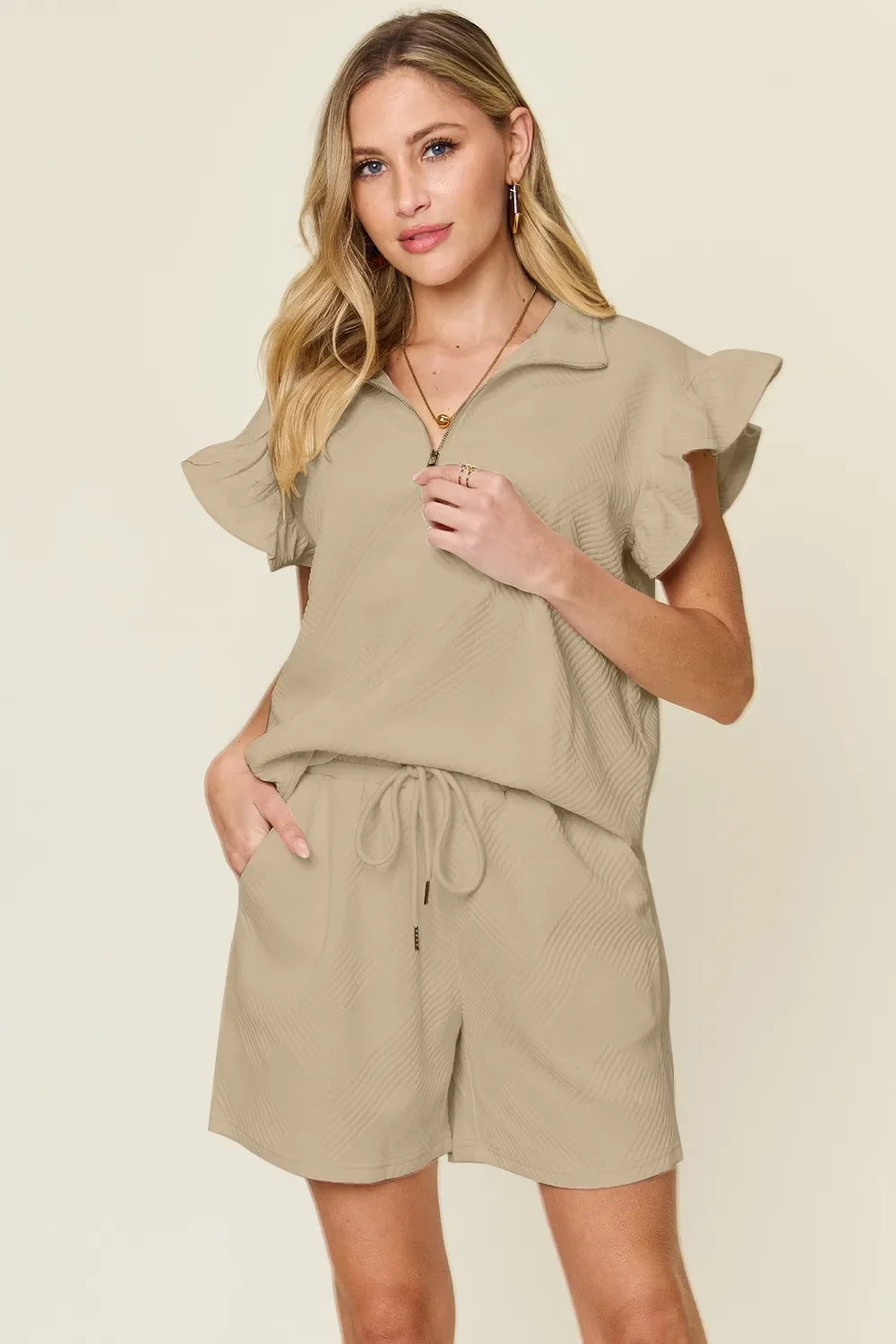 Double Take Full Size Texture Flounce Sleeve Top and Drawstring Shorts Set - Trendibles