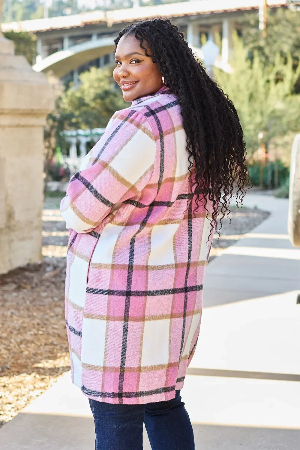 Double Take Full Size Plaid Button Up Lapel Collar Coat - Trendibles