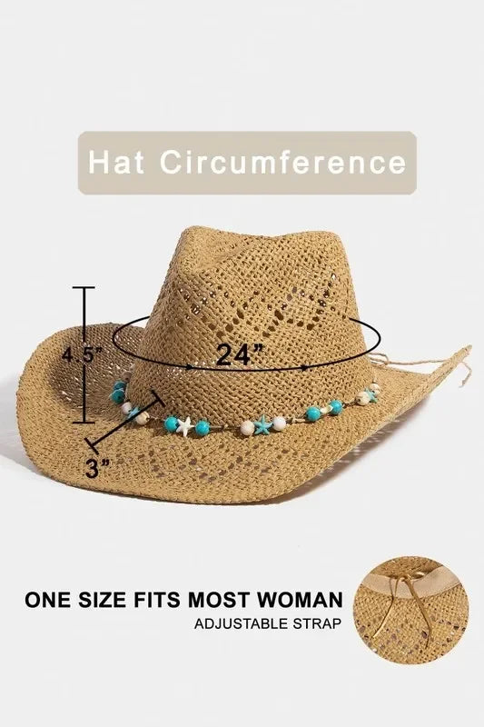 Fame Turquoise and Shell Star Beads Strap Western Straw Hat - Trendibles