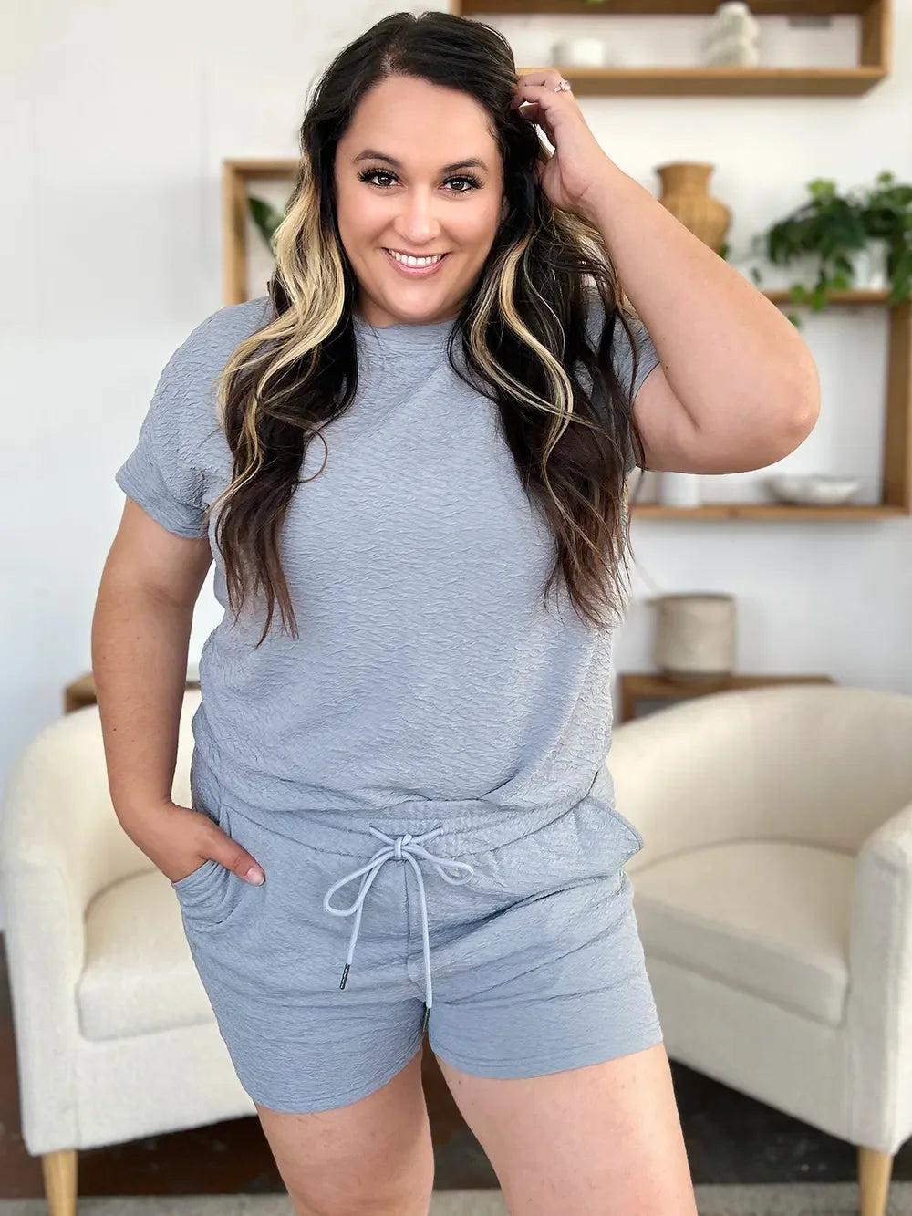 Double Take Full Size Texture Short Sleeve T-Shirt and Drawstring Shorts Set - Trendibles