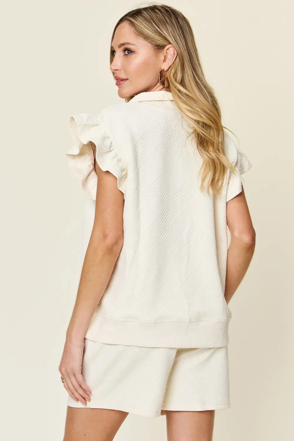 Double Take Full Size Texture Flounce Sleeve Top and Drawstring Shorts Set - Trendibles
