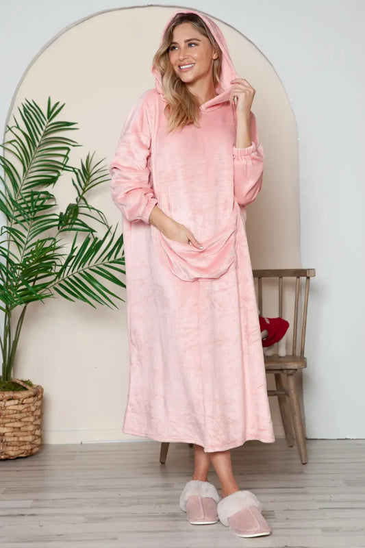 Double Take Full Size Pocketed Hooded Midi Lounge Dress - Trendibles