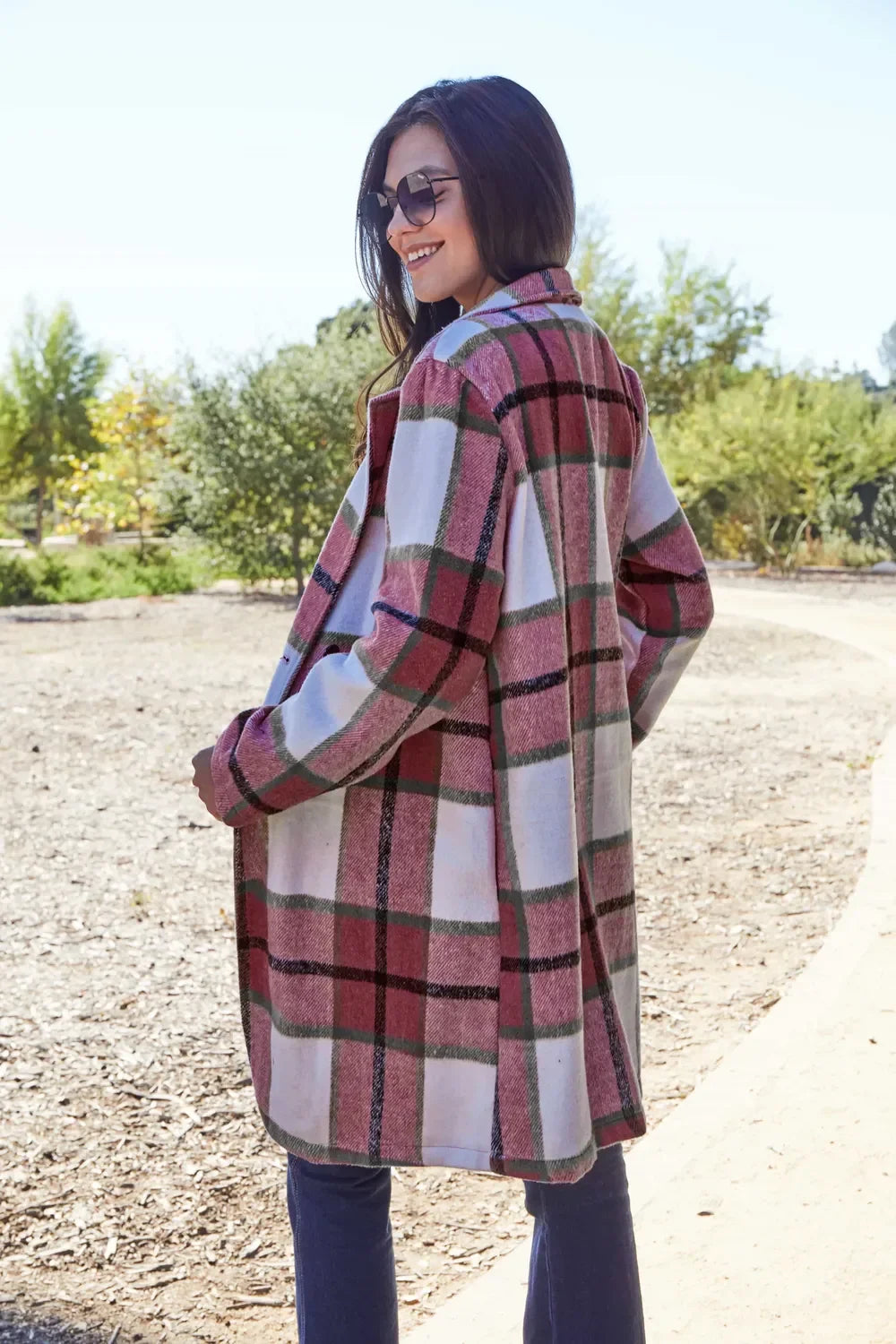 Double Take Full Size Plaid Button Up Lapel Collar Coat - Trendibles