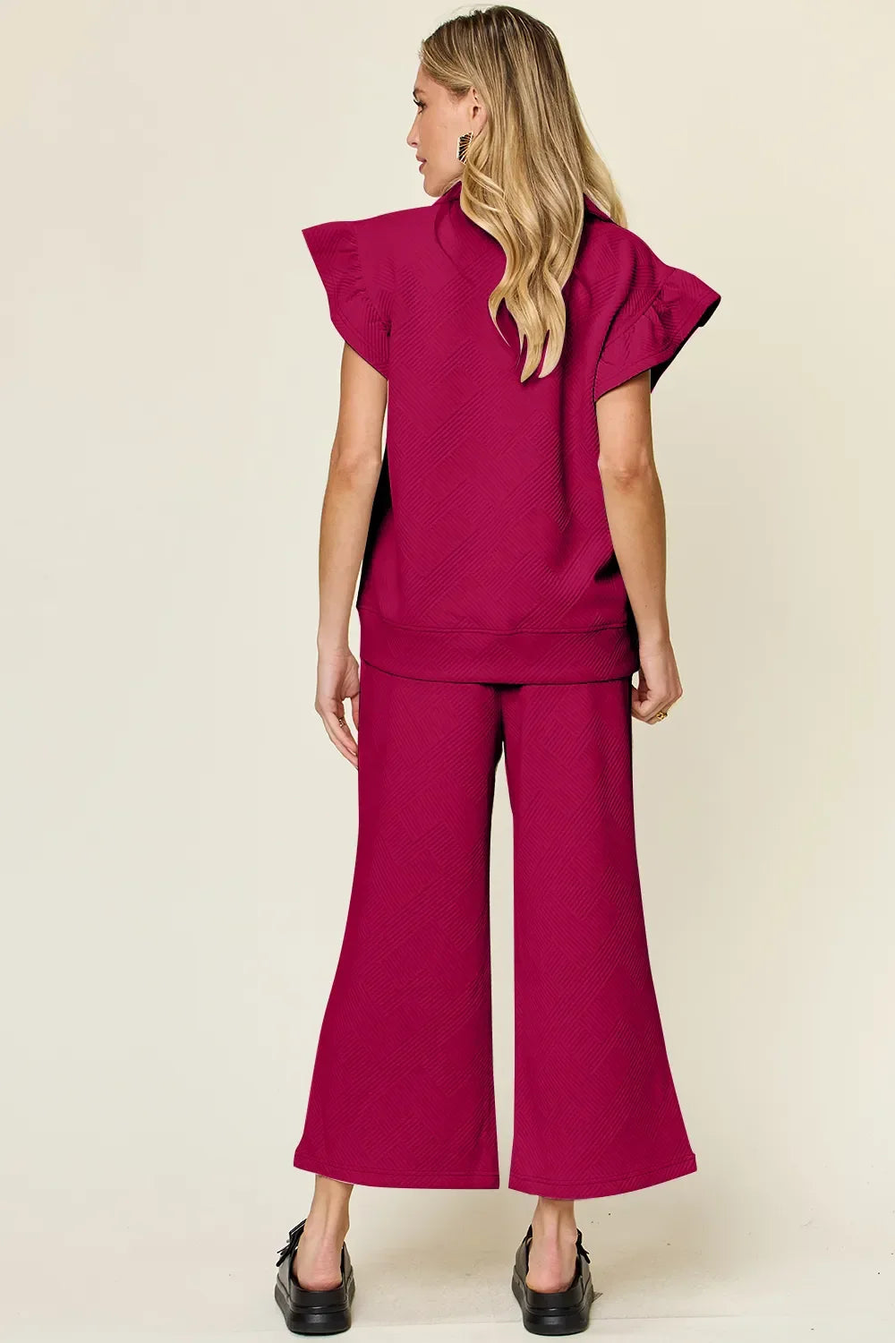 Double Take Texture Ruffle Short Sleeve Top and Drawstring Wide Leg Pants Set - Trendibles