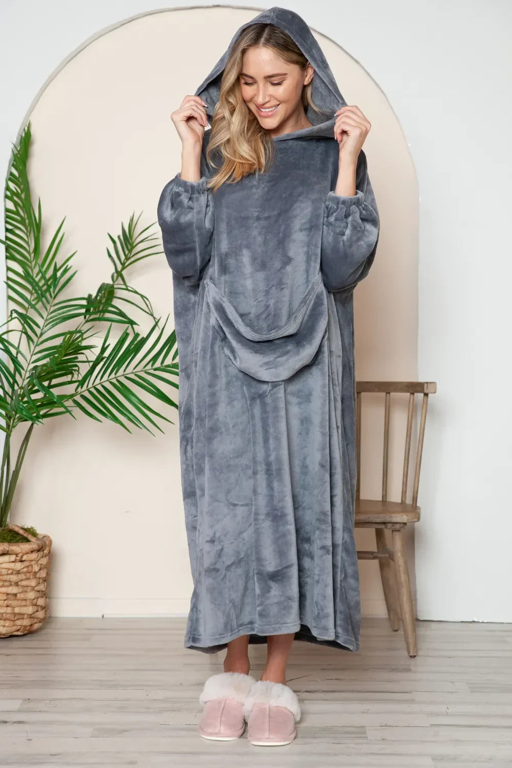 Double Take Full Size Pocketed Hooded Midi Lounge Dress - Trendibles