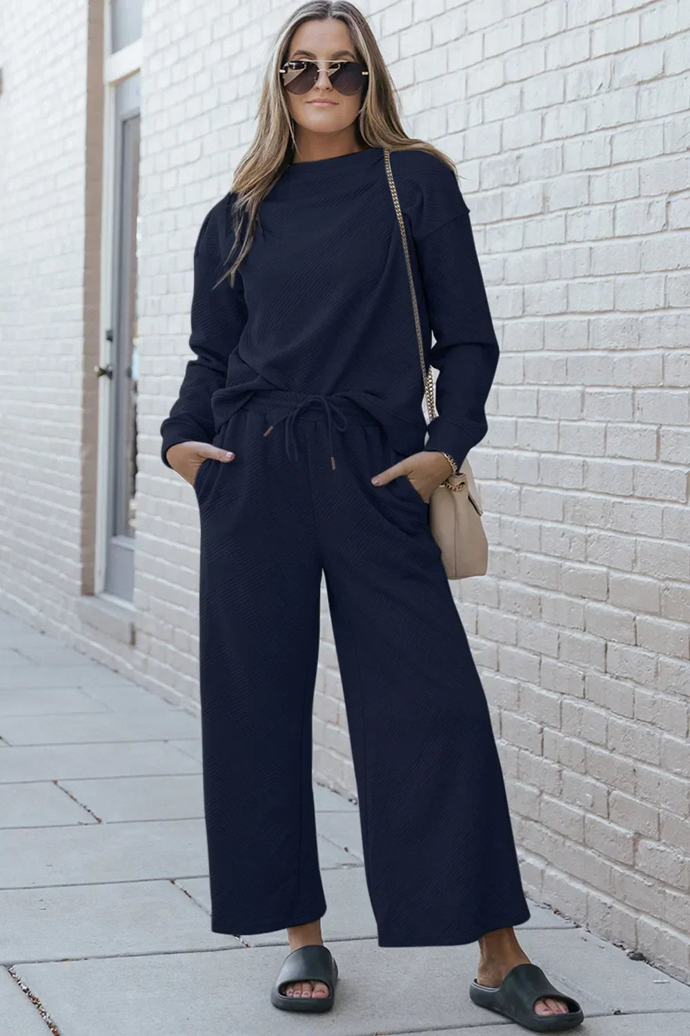 Double Take Full Size Textured Long Sleeve Top and Drawstring Pants Set - Trendibles
