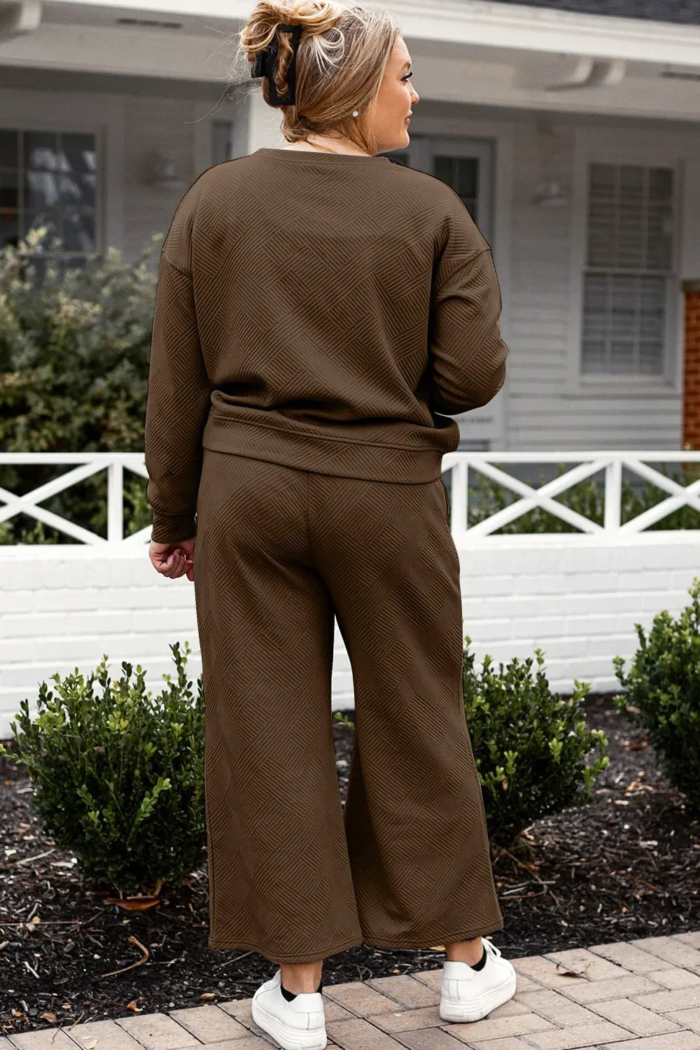 Double Take Full Size Textured Long Sleeve Top and Drawstring Pants Set - Trendibles