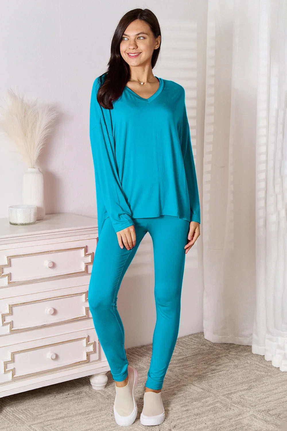 Basic Bae Full Size V-Neck Soft Rayon Long Sleeve Top and Pants Lounge Set - Trendibles