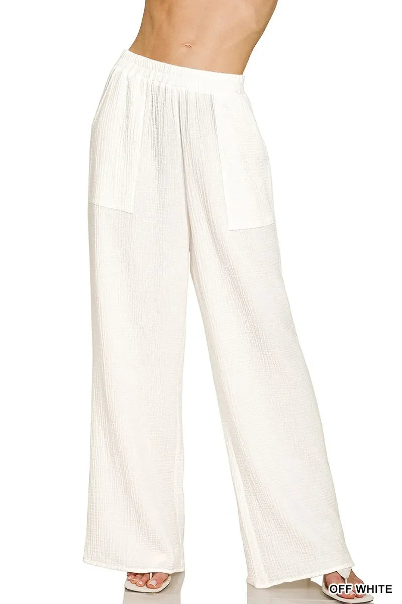 Zenana Double Gauze Elastic Band Pants - Trendibles