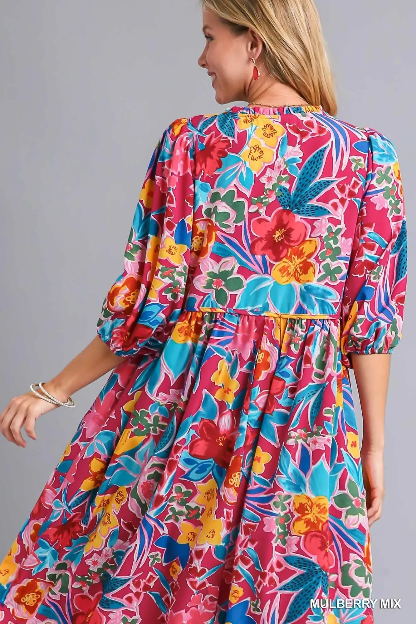 Umgee Full Size Floral Print Tie Neck Midi Dress with Pockets Plus Size - Trendibles