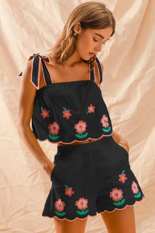 SO ME Flower Embroidered Tank Top and Shorts Set - Trendibles