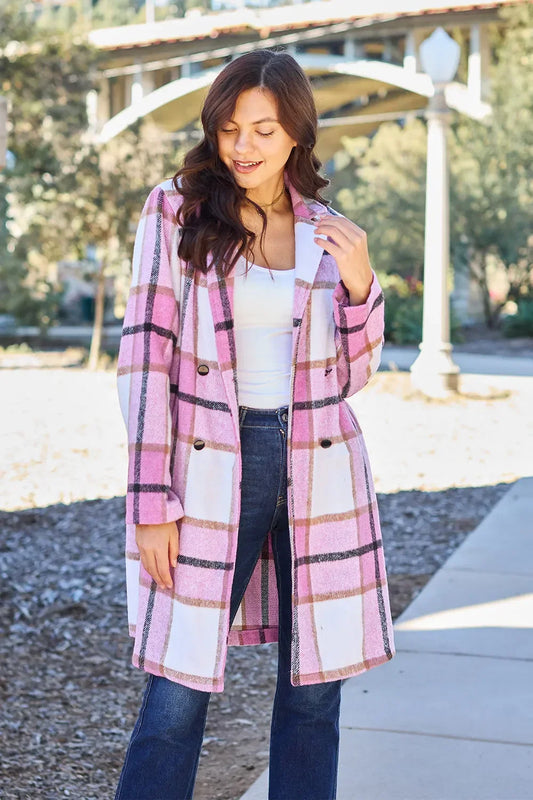 Double Take Full Size Plaid Button Up Lapel Collar Coat - Trendibles