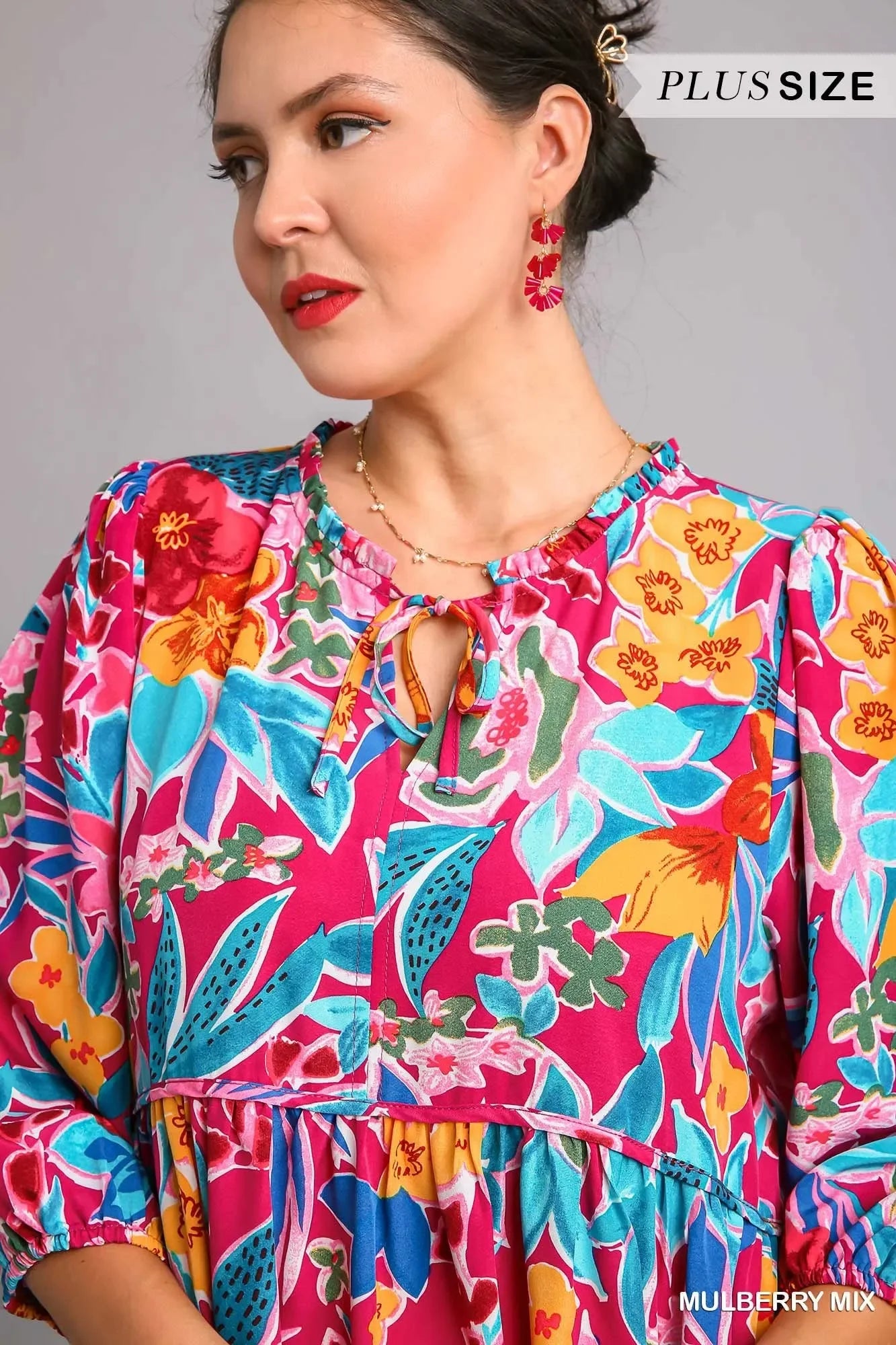 Umgee Full Size Floral Print Tie Neck Midi Dress with Pockets Plus Size - Trendibles