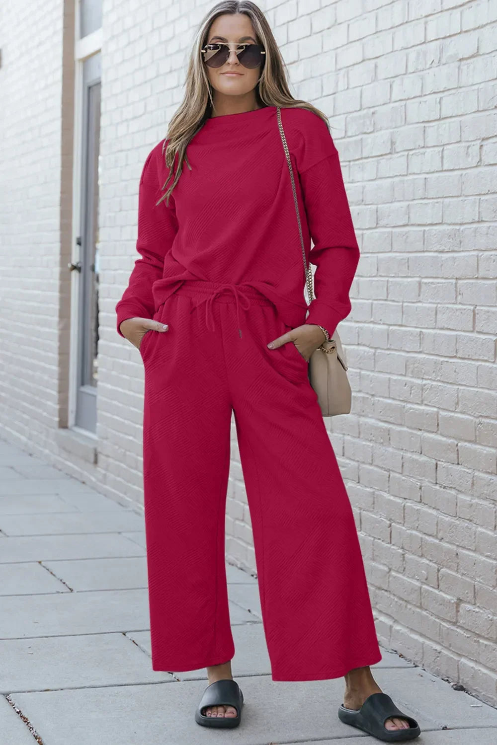 Double Take Full Size Textured Long Sleeve Top and Drawstring Pants Set - Trendibles