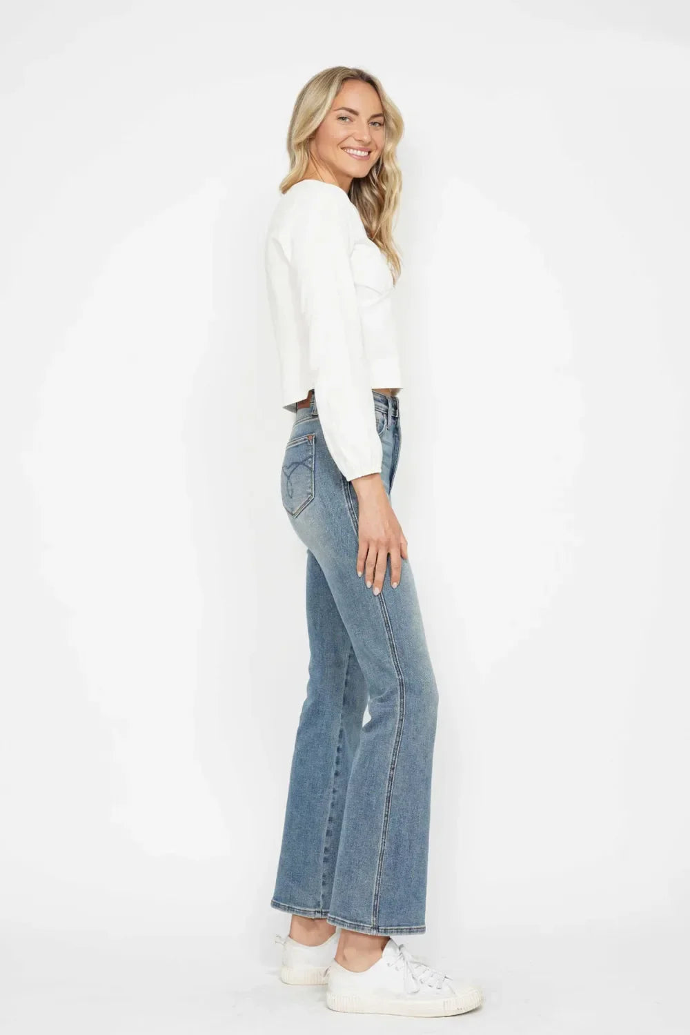Judy Blue Full Size Tummy Control Back Embroidered Pocketed Bootcut Jeans Plus Size - Trendibles