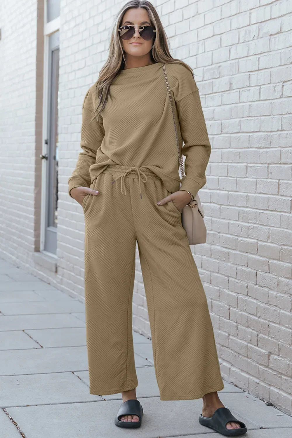Double Take Full Size Textured Long Sleeve Top and Drawstring Pants Set - Trendibles